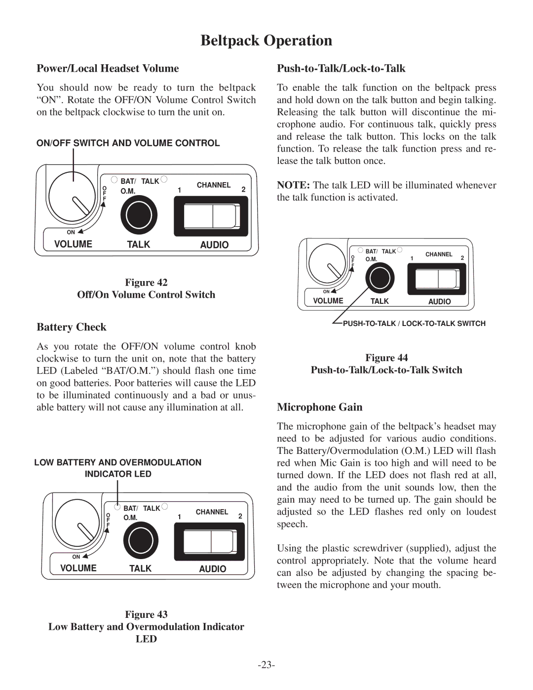 Telex BTR-500/600C Beltpack Operation, Power/Local Headset Volume, Battery Check, Push-to-Talk/Lock-to-Talk 