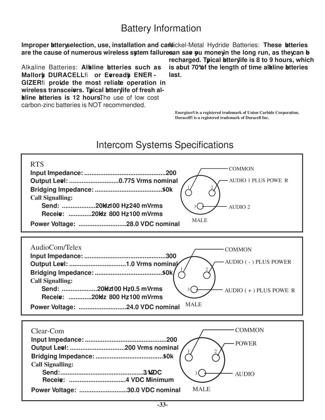 Telex BTR-500/600C operating instructions Battery Information, Intercom Systems Specifications 