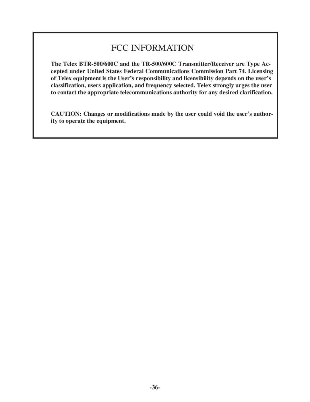 Telex BTR-500/600C operating instructions FCC Information 