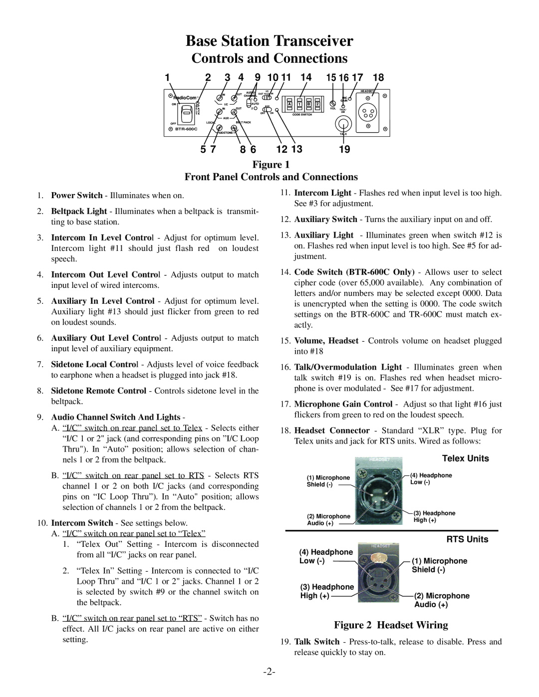 Telex BTR-500/600C operating instructions Base Station Transceiver, Front Panel Controls and Connections 