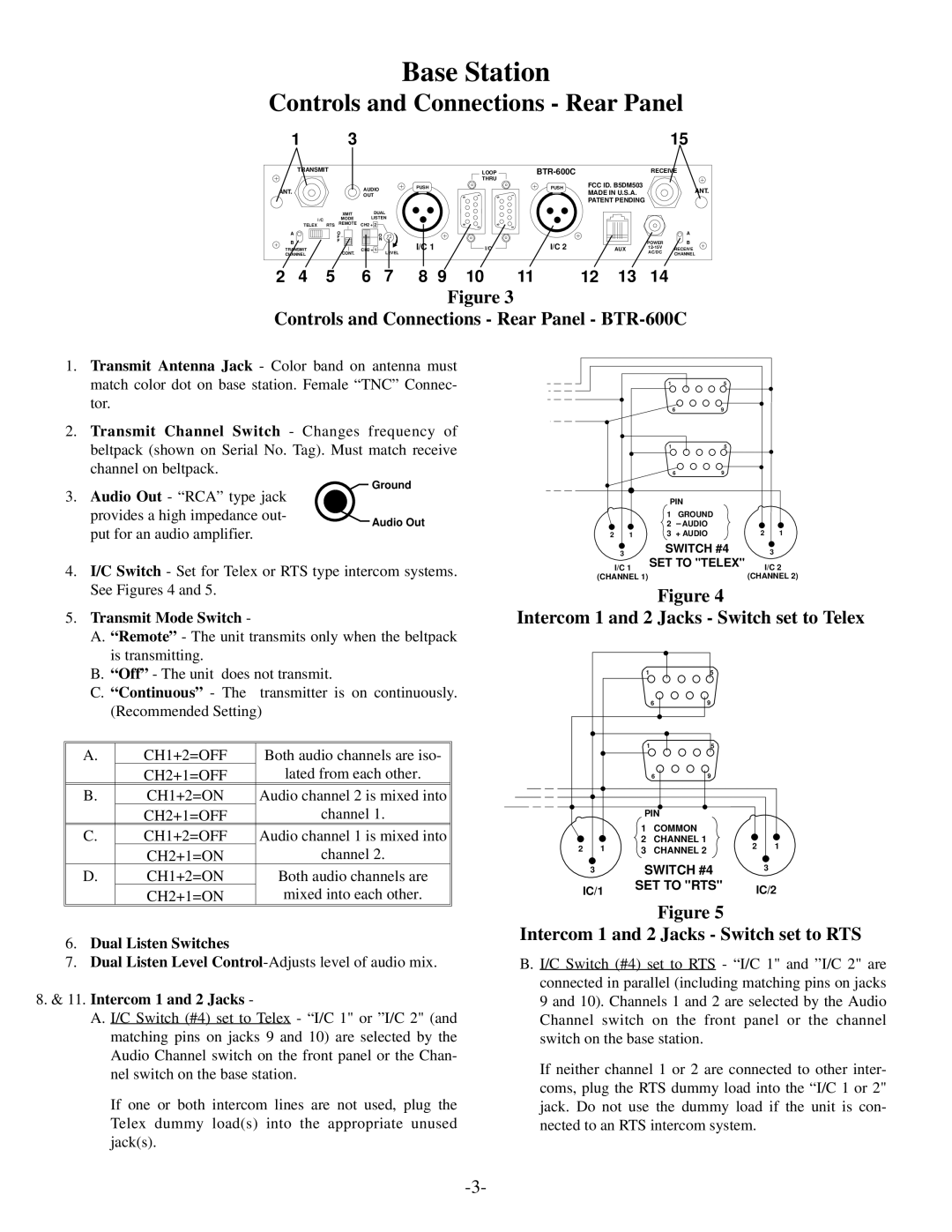 Telex TR-500/600C Base Station, Controls and Connections Rear Panel BTR-600C, Intercom 1 and 2 Jacks Switch set to Telex 