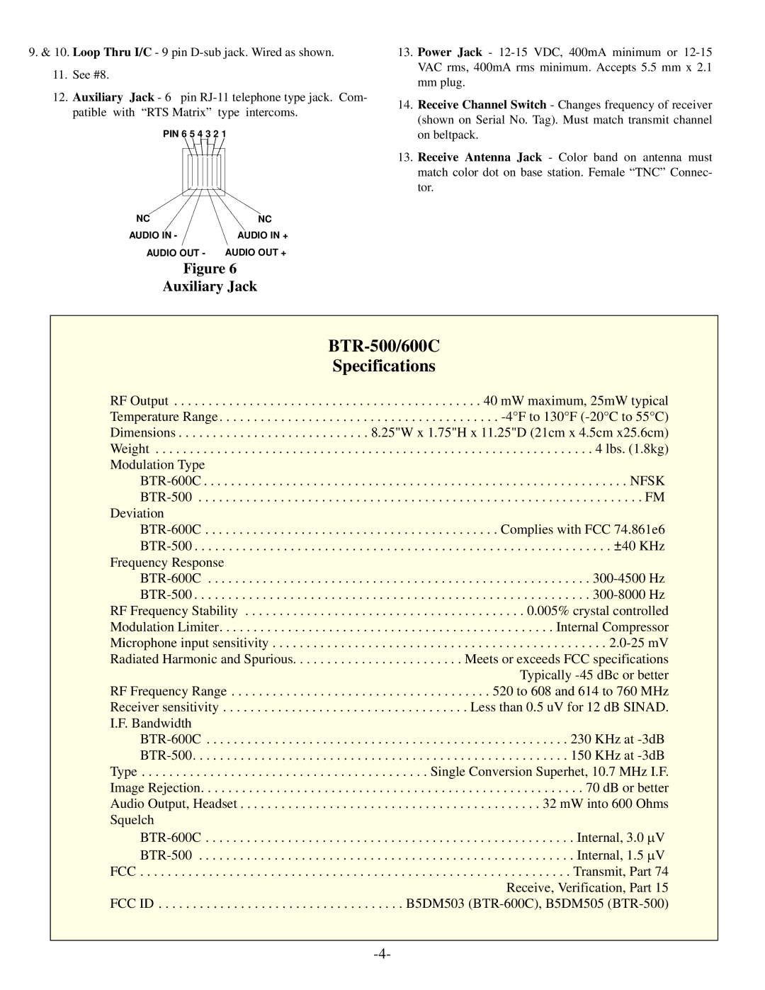 Telex operating instructions BTR-500/600C Specifications, Auxiliary Jack 