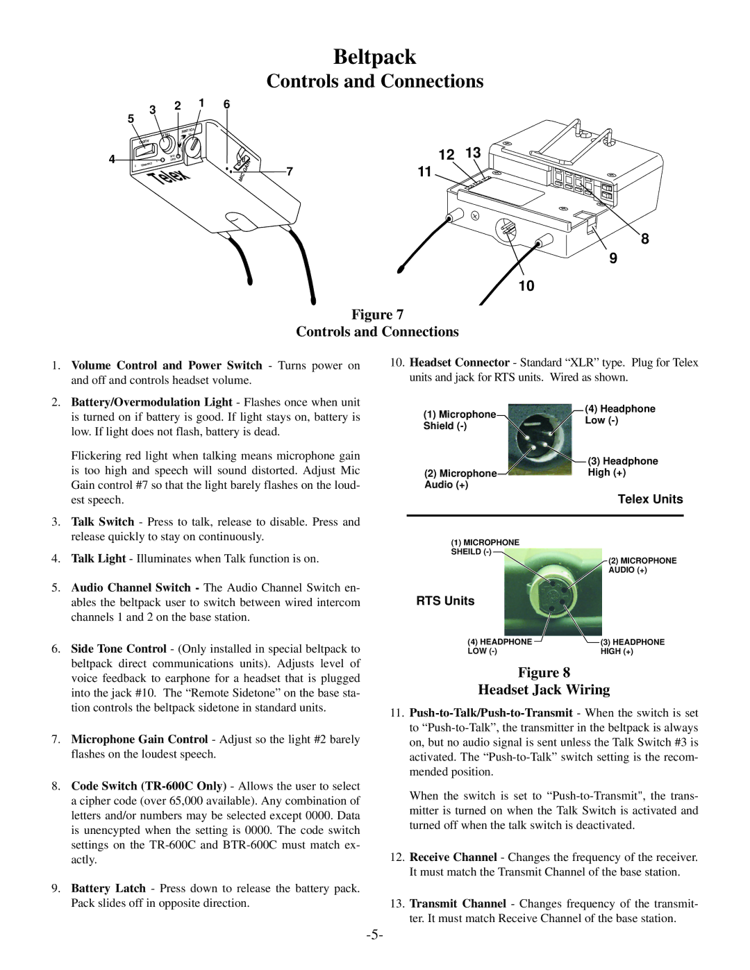 Telex BTR-500/600C operating instructions Beltpack, Controls and Connections, Headset Jack Wiring 