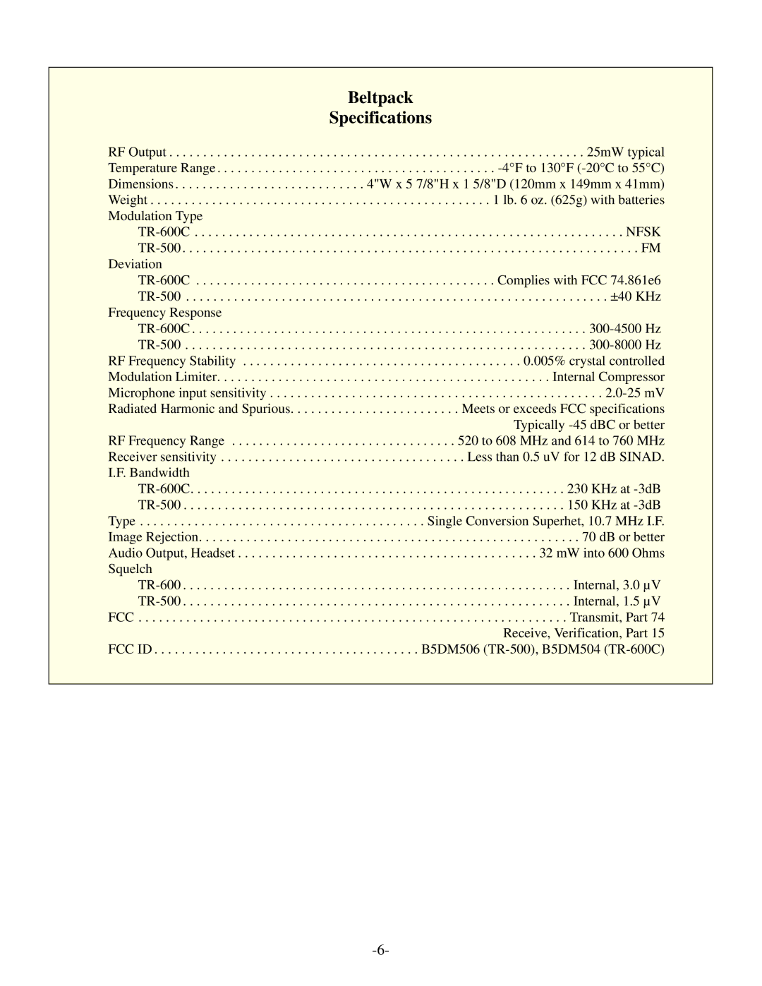 Telex BTR-500/600C operating instructions Beltpack Specifications 