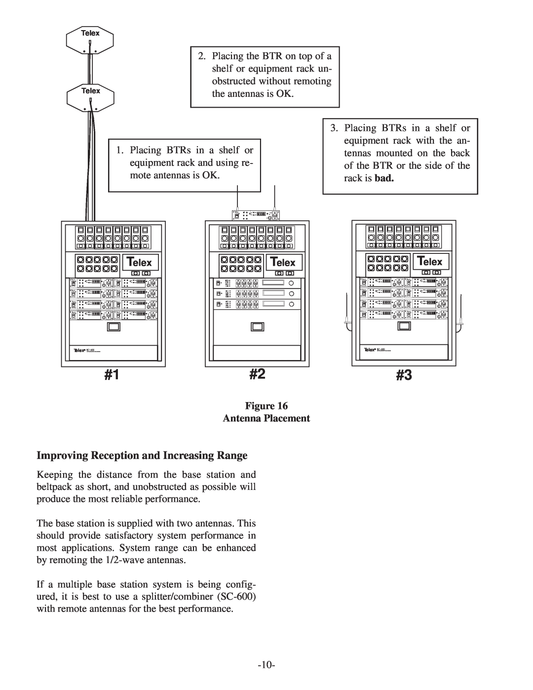 Telex BTR-500/600C operating instructions #1#2, Improving Reception and Increasing Range, Figure Antenna Placement 