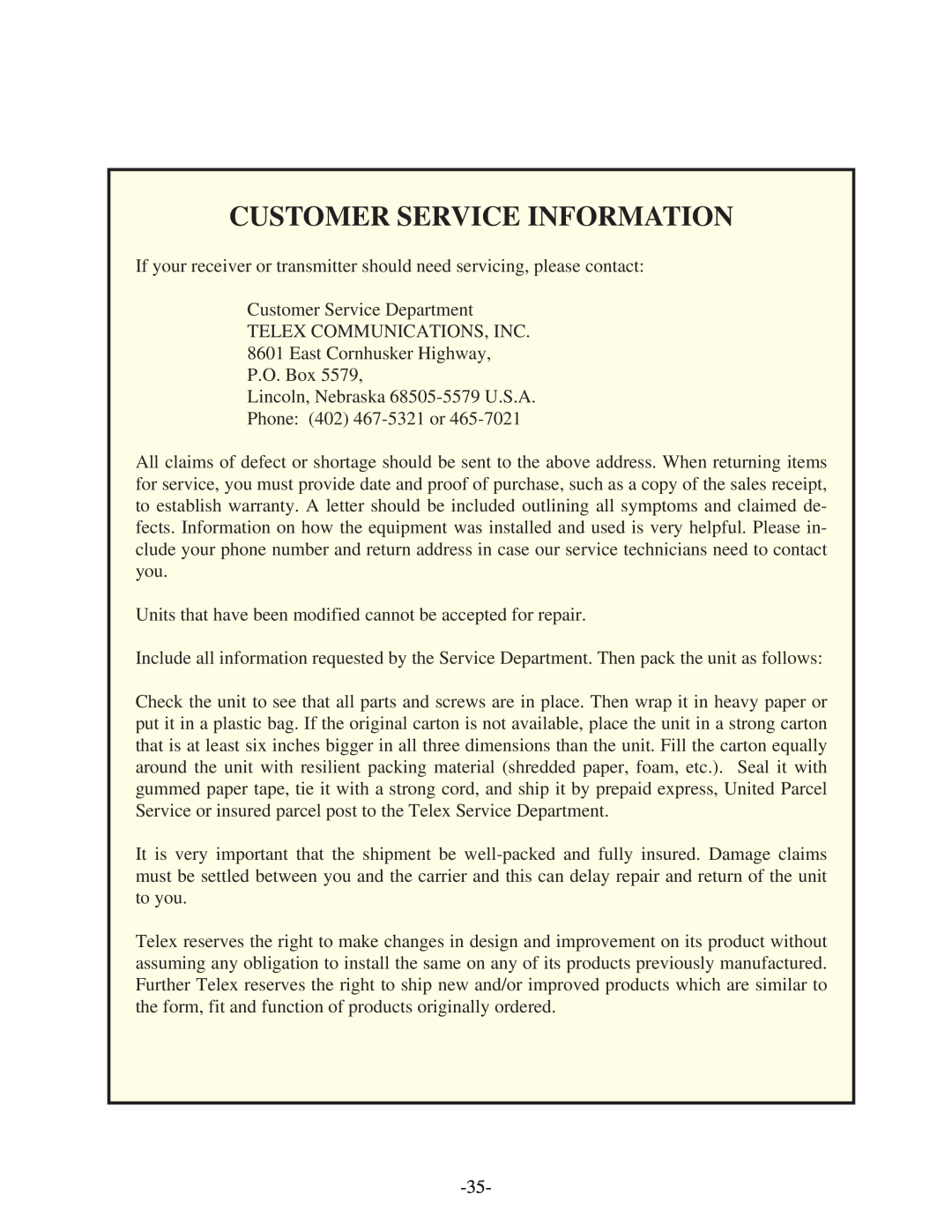 Telex BTR-500/600C operating instructions Customer Service Information 