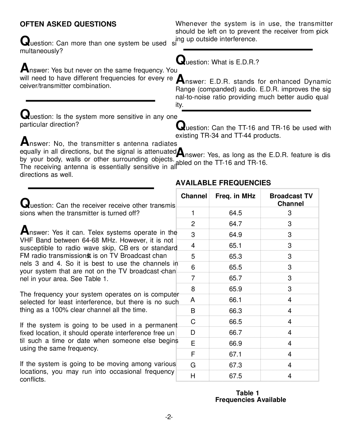 Telex TR-16, TT-16 manual Channel Freq. in MHz Broadcast TV, Frequencies Available 