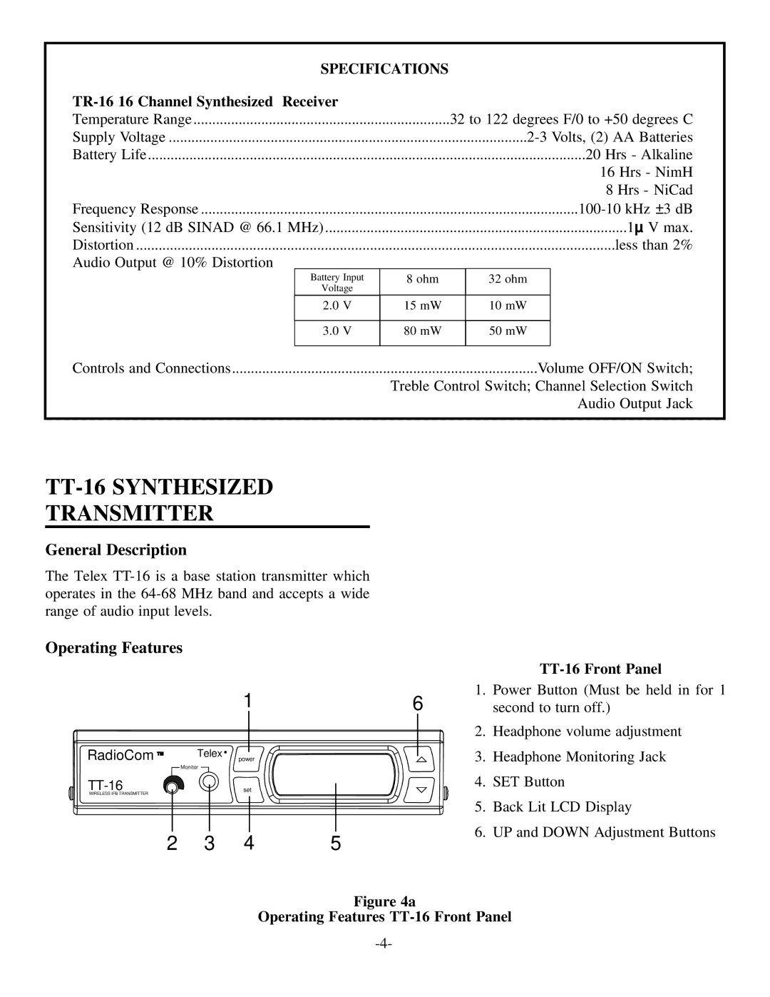 Telex manual TR-16 16 Channel Synthesized Receiver, TT-16 Front Panel, UP and Down Adjustment Buttons 