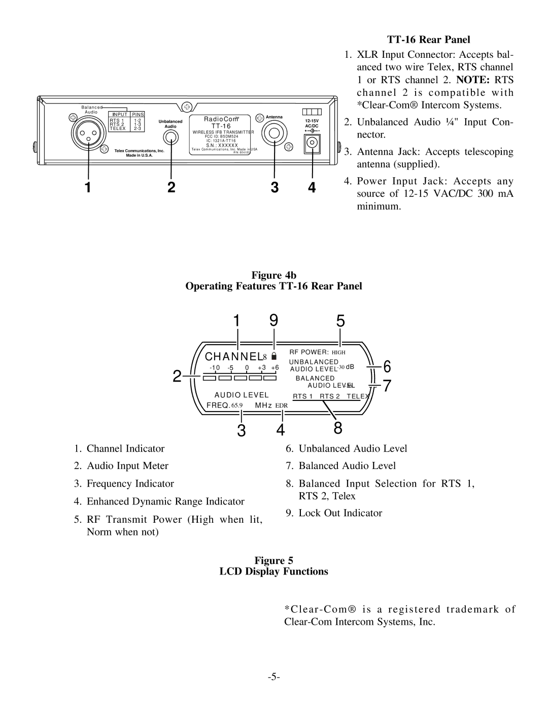 Telex TR-16 manual Operating Features TT-16 Rear Panel, LCD Display Functions 