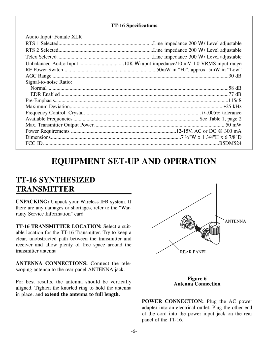 Telex TR-16 manual Equipment SET-UP and Operation, TT-16 Specifications 