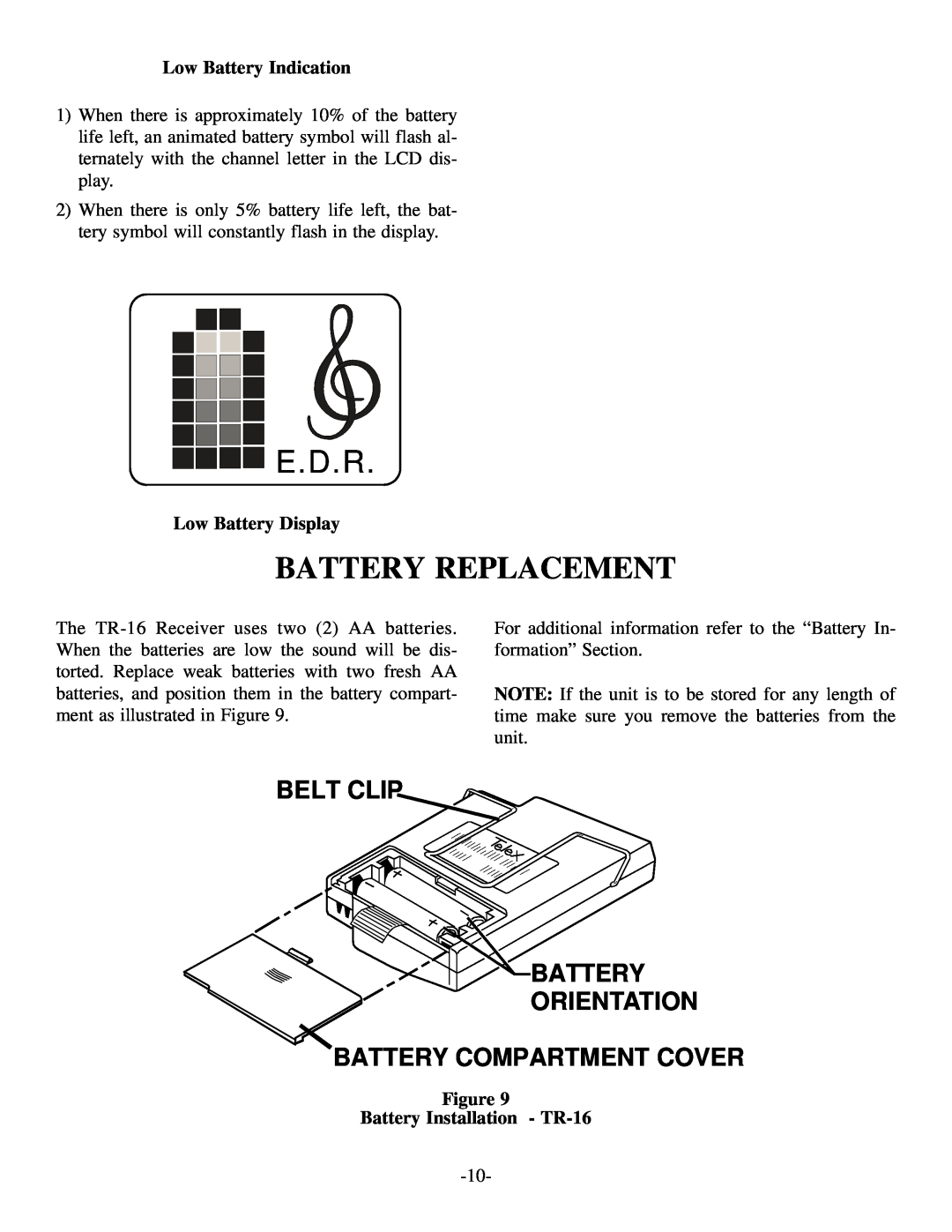 Telex E.D.R, Battery Replacement, Low Battery Indication, Low Battery Display, Figure Battery Installation - TR-16 
