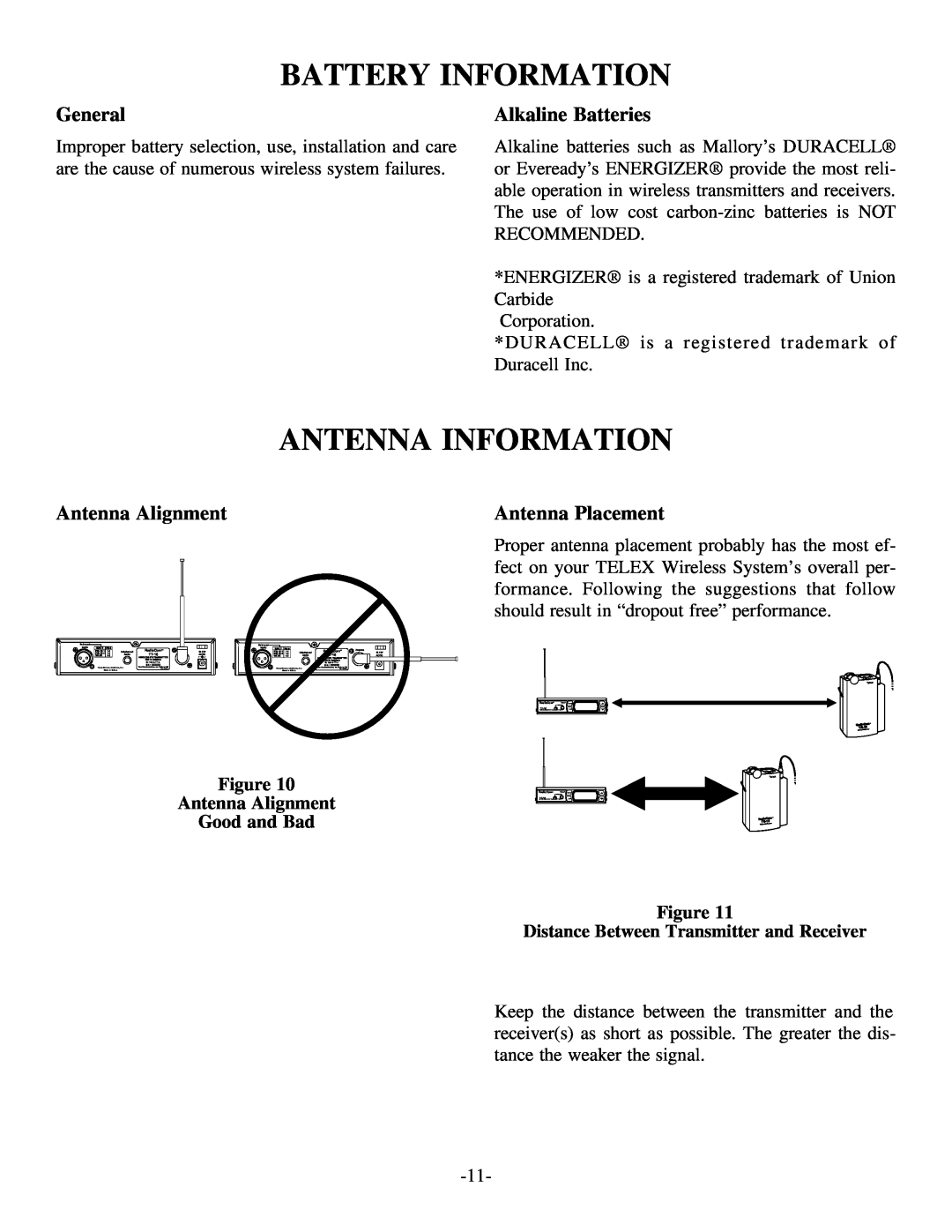 Telex TT-16 Battery Information, Antenna Information, General, Alkaline Batteries, Antenna Alignment, Antenna Placement 