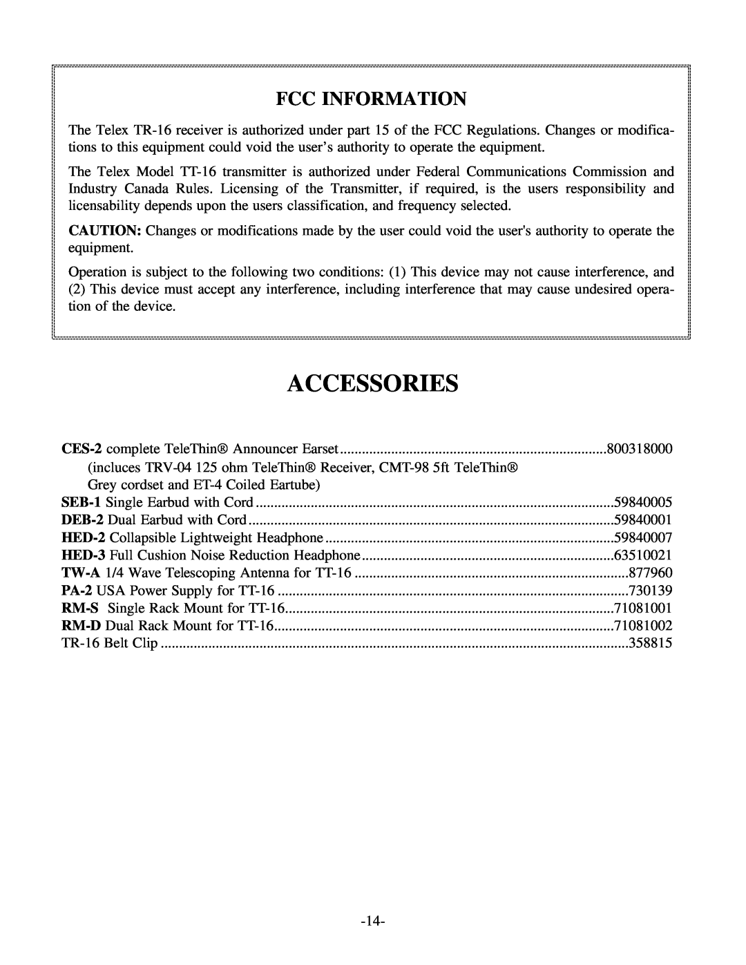 Telex TR-16, TT-16 manual Accessories, Fcc Information 
