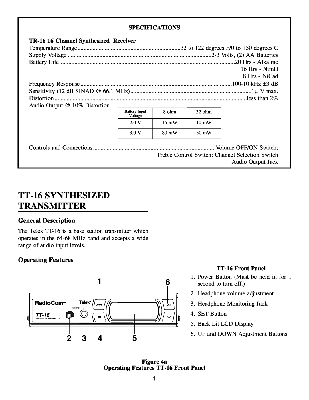 Telex manual Specifications, TR-1616 Channel Synthesized Receiver, TT-16Front Panel, UP and DOWN Adjustment Buttons 