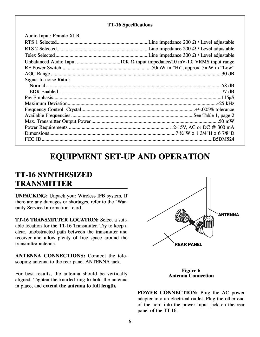 Telex TR-16 Equipment Set-Upand Operation, TT-16SYNTHESIZED TRANSMITTER, TT-16Specifications, Figure Antenna Connection 