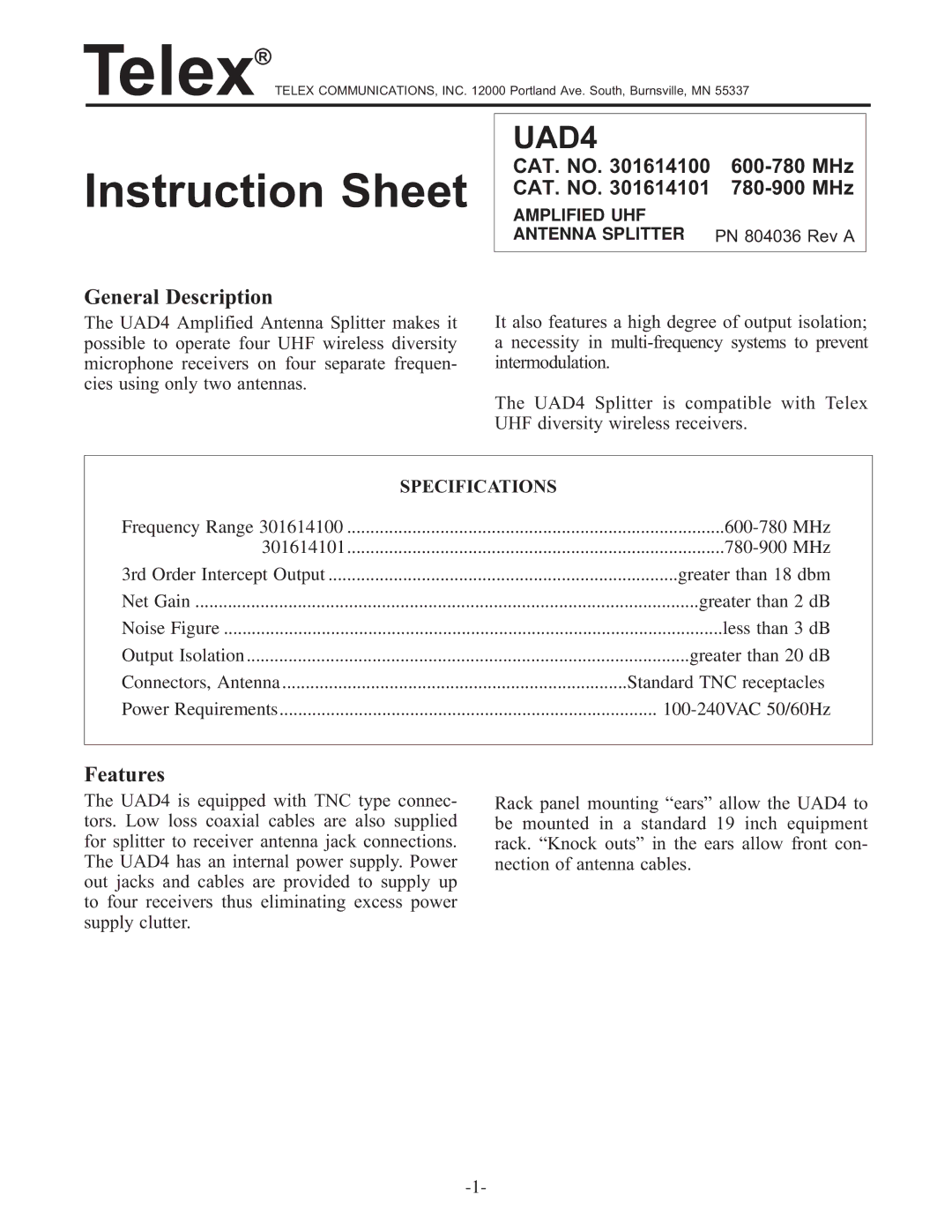 Telex UAD4 instruction sheet General Description, Features 