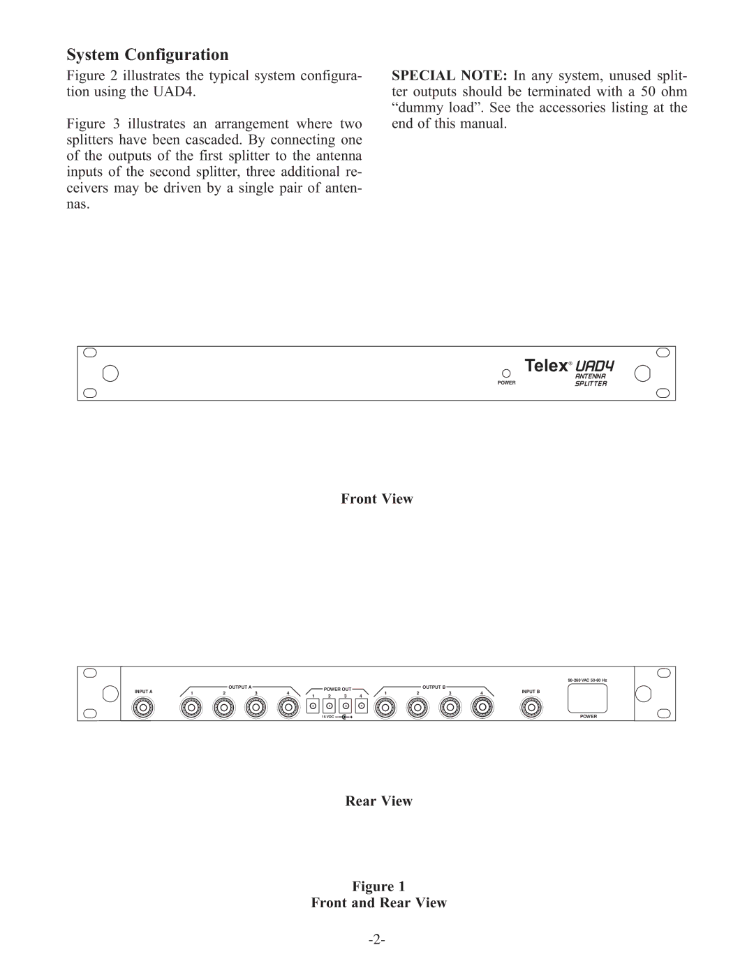 Telex UAD4 instruction sheet System Configuration, Front View, Rear View Front and Rear View 