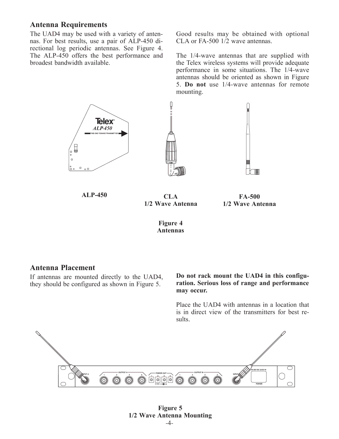 Telex UAD4 instruction sheet Antenna Requirements, Antenna Placement 