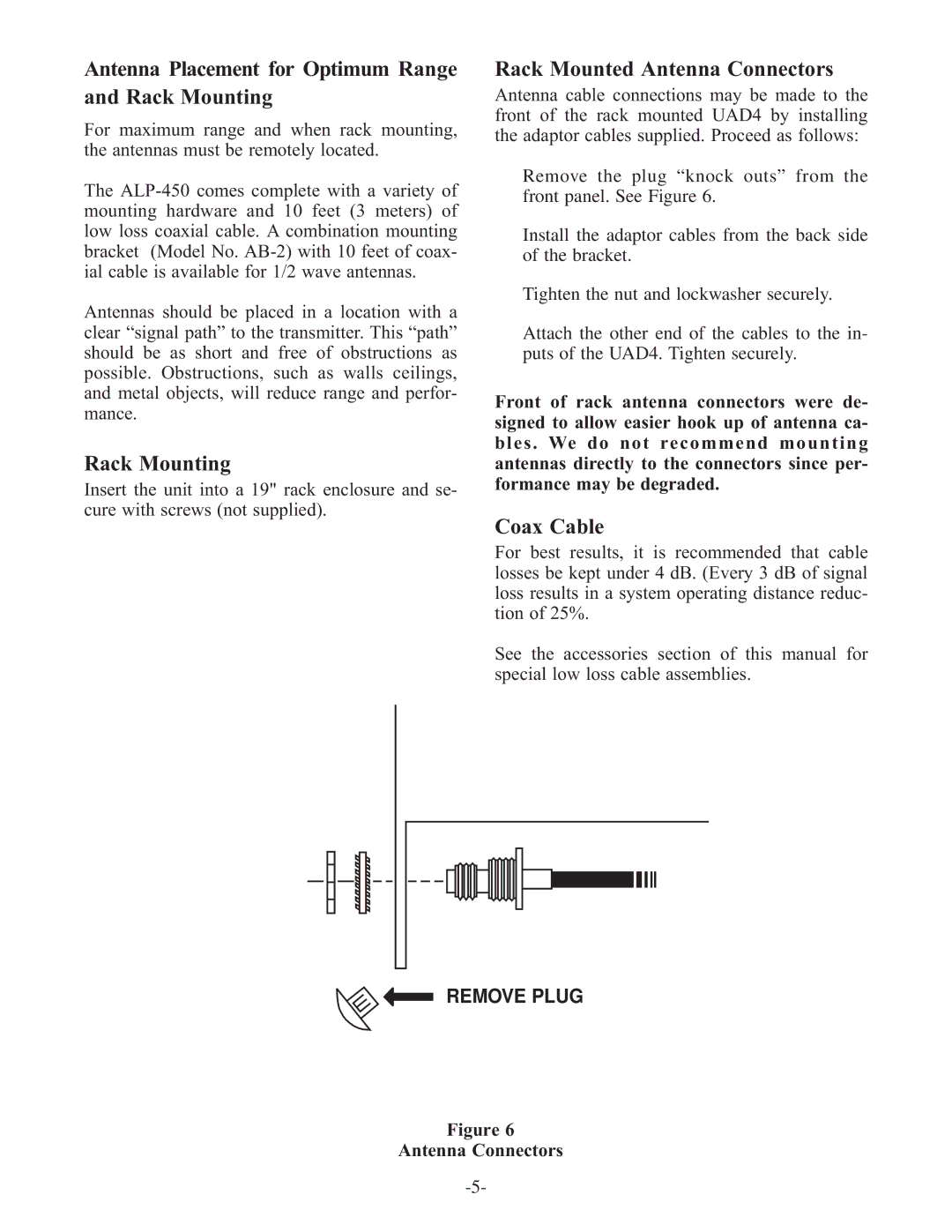 Telex UAD4 Antenna Placement for Optimum Range and Rack Mounting, Rack Mounted Antenna Connectors, Coax Cable 