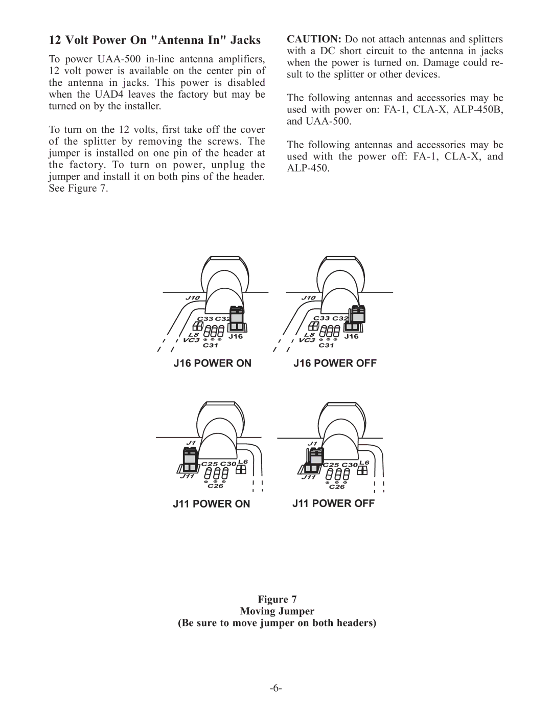 Telex UAD4 instruction sheet Volt Power On Antenna In Jacks, Moving Jumper Be sure to move jumper on both headers 