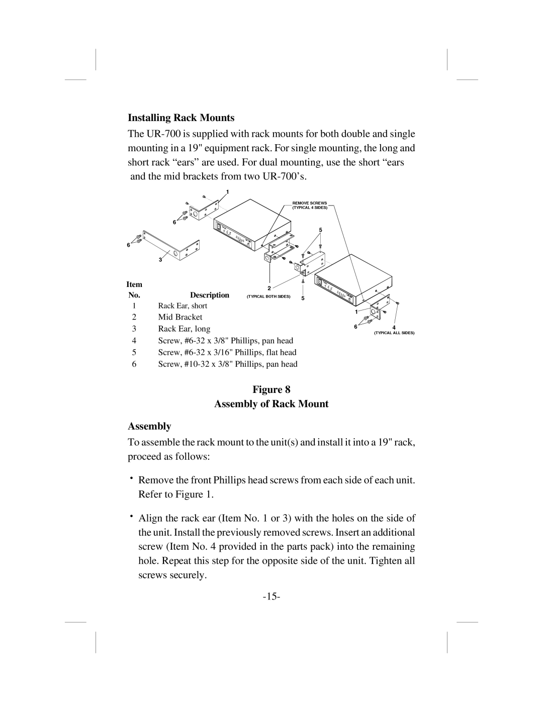 Telex ur-700 operating instructions Installing Rack Mounts, Assembly of Rack Mount 