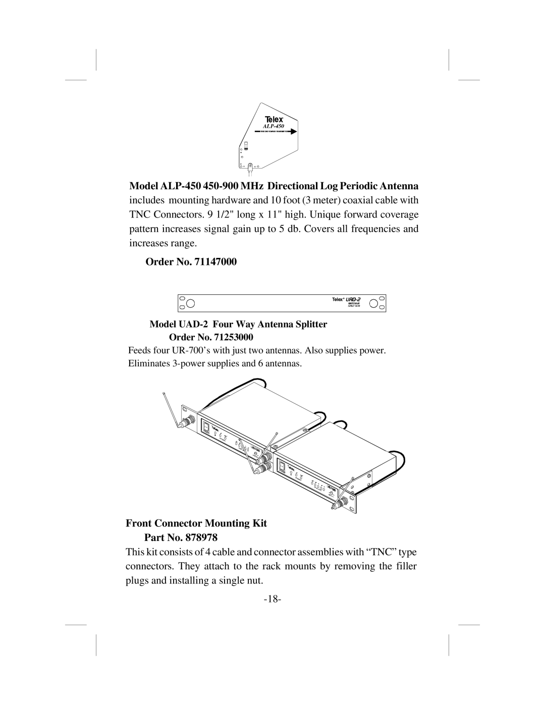 Telex ur-700 Model ALP-450 450-900 MHz Directional Log Periodic Antenna, Order No, Front Connector Mounting Kit 