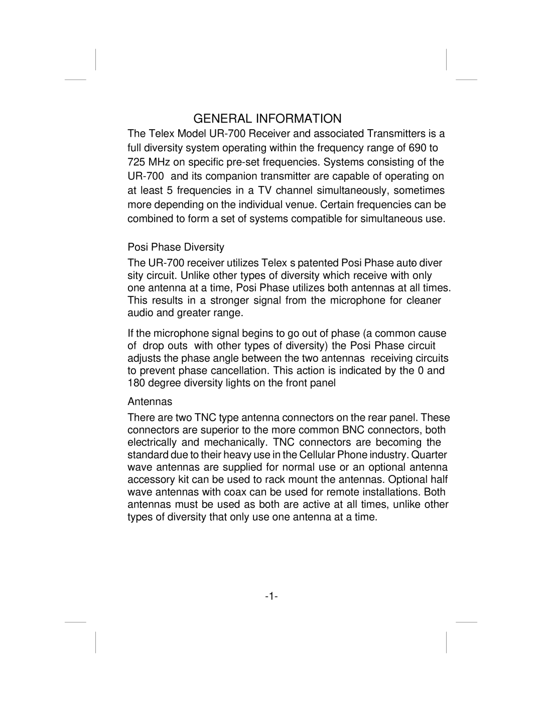 Telex ur-700 operating instructions General Information, Posi Phase Diversity, Antennas 