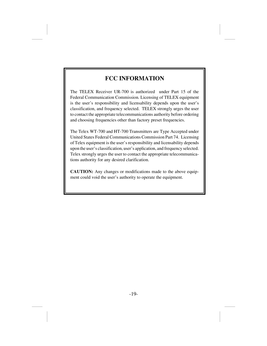 Telex ur-700 operating instructions FCC Information 