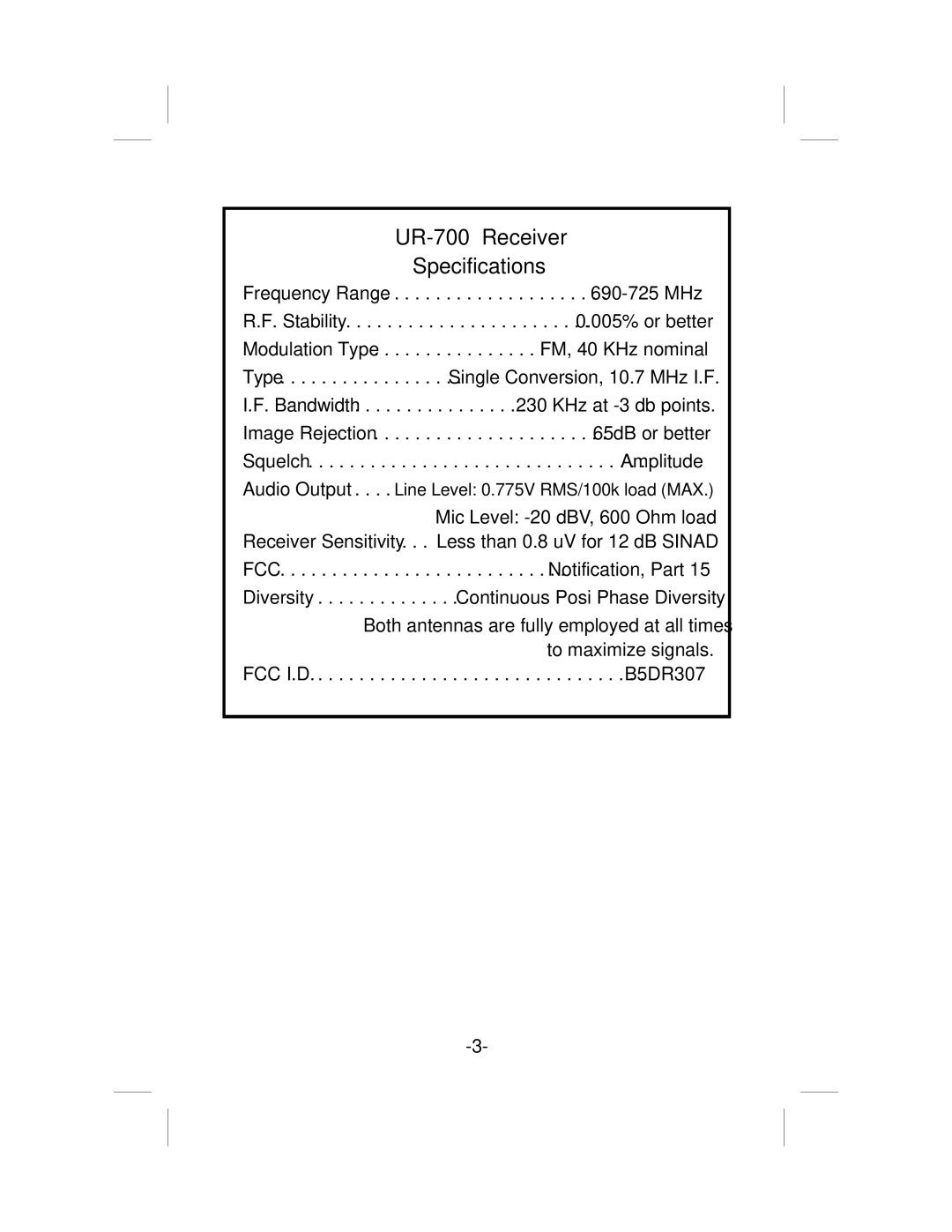 Telex ur-700 operating instructions UR-700 Receiver Specifications 