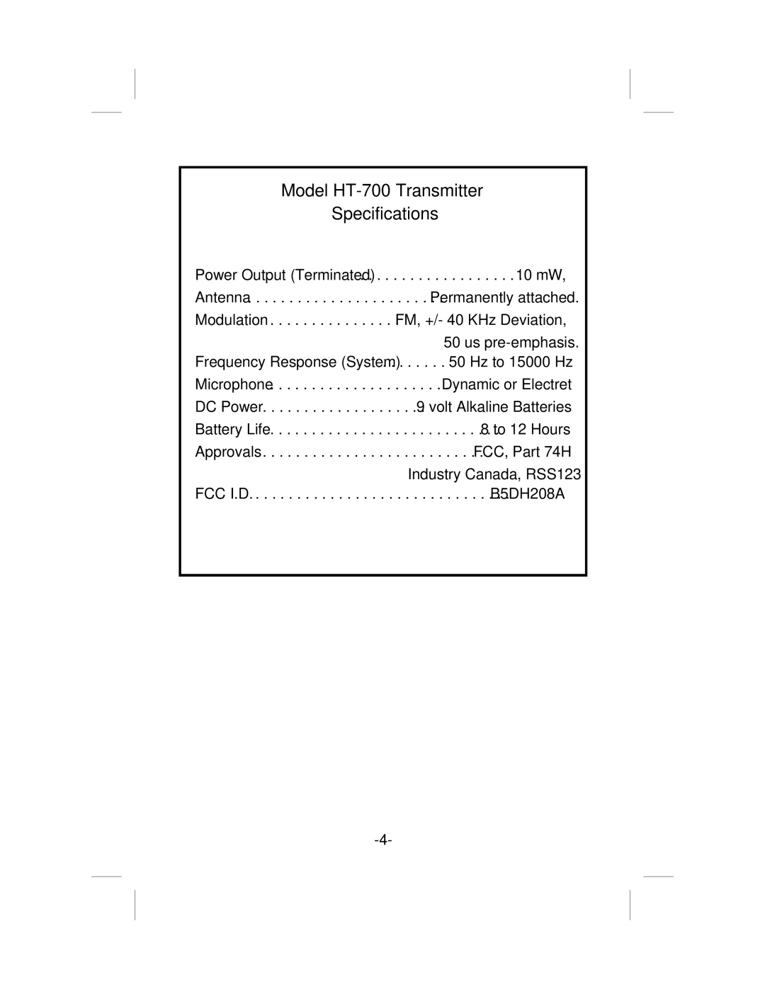 Telex ur-700 operating instructions Model HT-700 Transmitter Specifications 