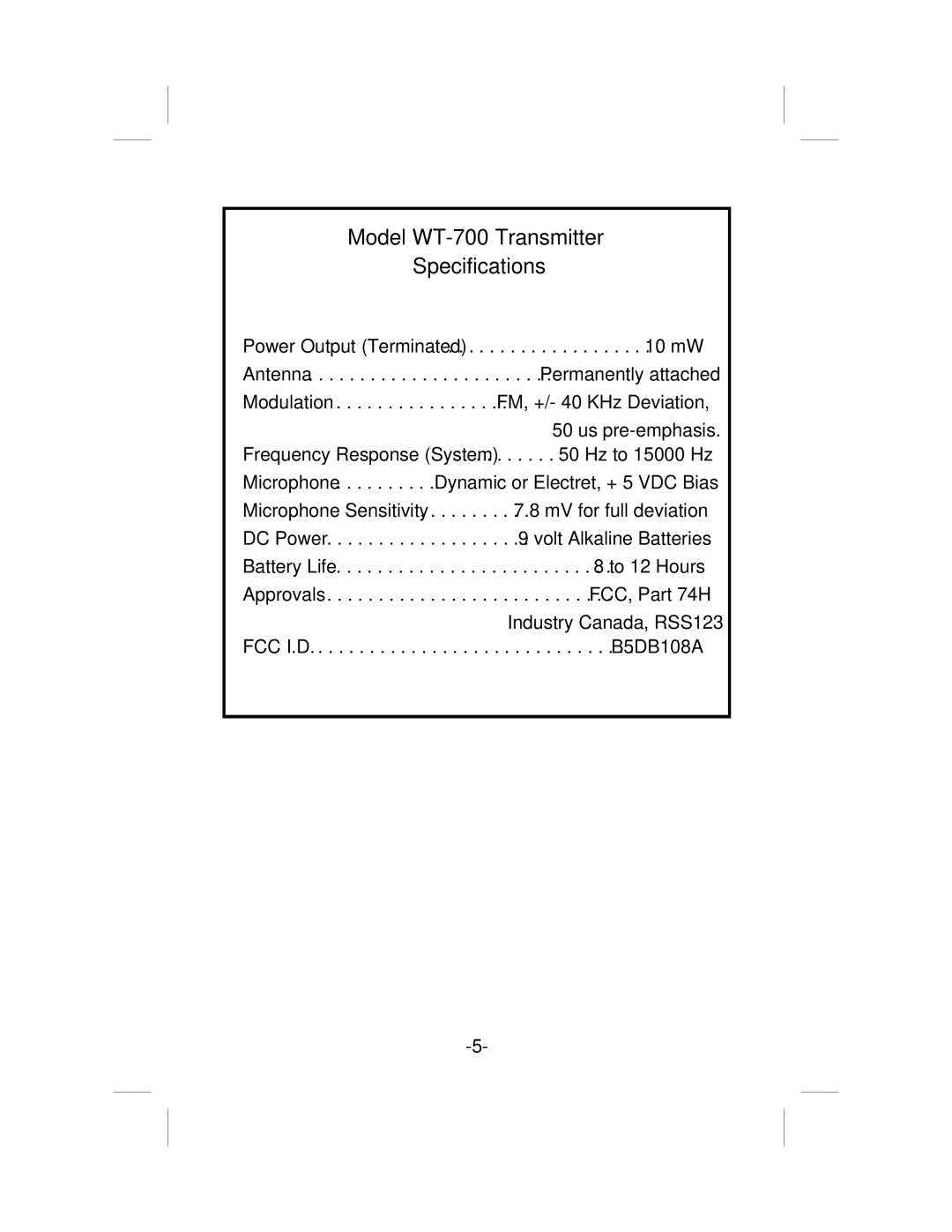 Telex ur-700 operating instructions Model WT-700 Transmitter Specifications 