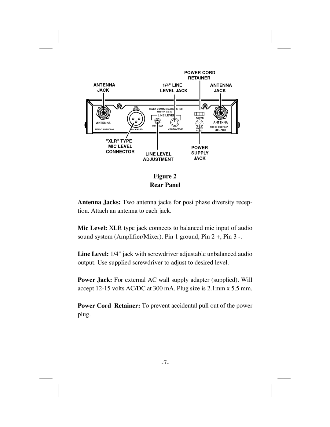 Telex ur-700 operating instructions Rear Panel 