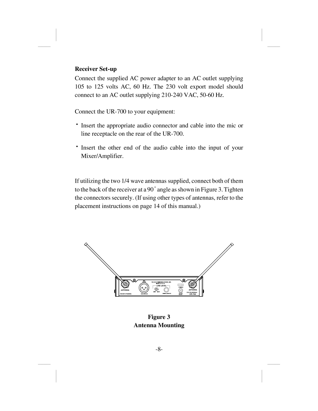 Telex ur-700 operating instructions Receiver Set-up, Antenna Mounting 