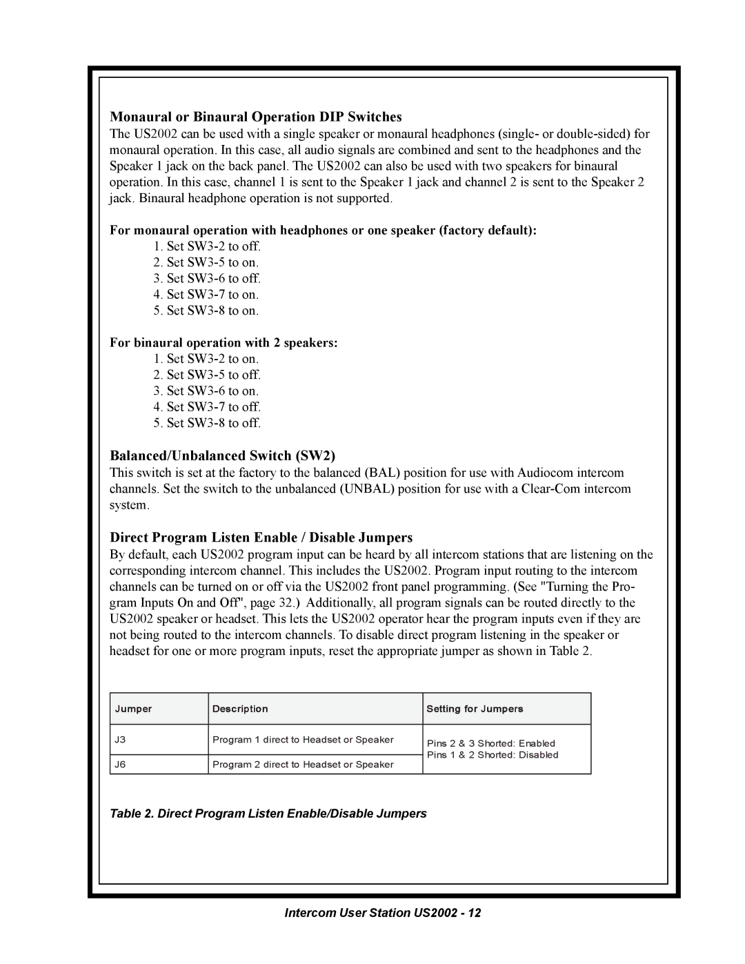 Telex US2002 manual For binaural operation with 2 speakers, Jumper Description Setting for Jumpers 