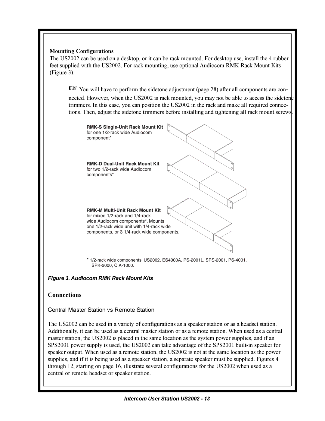 Telex US2002 manual Mounting Configurations, Central Master Station vs Remote Station 