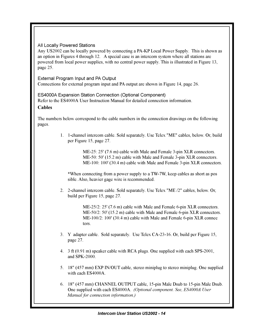 Telex US2002 manual External Program Input and PA Output 