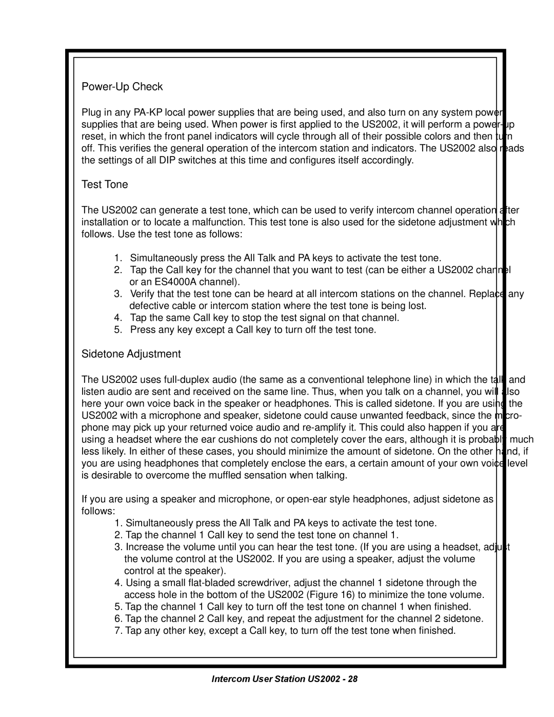 Telex US2002 manual Power-Up Check 