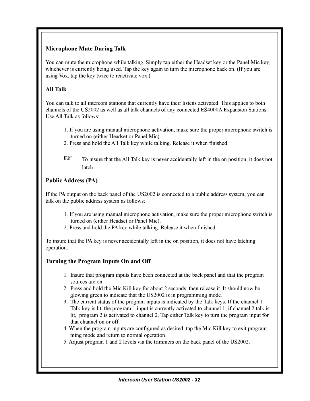 Telex US2002 manual Microphone Mute During Talk 