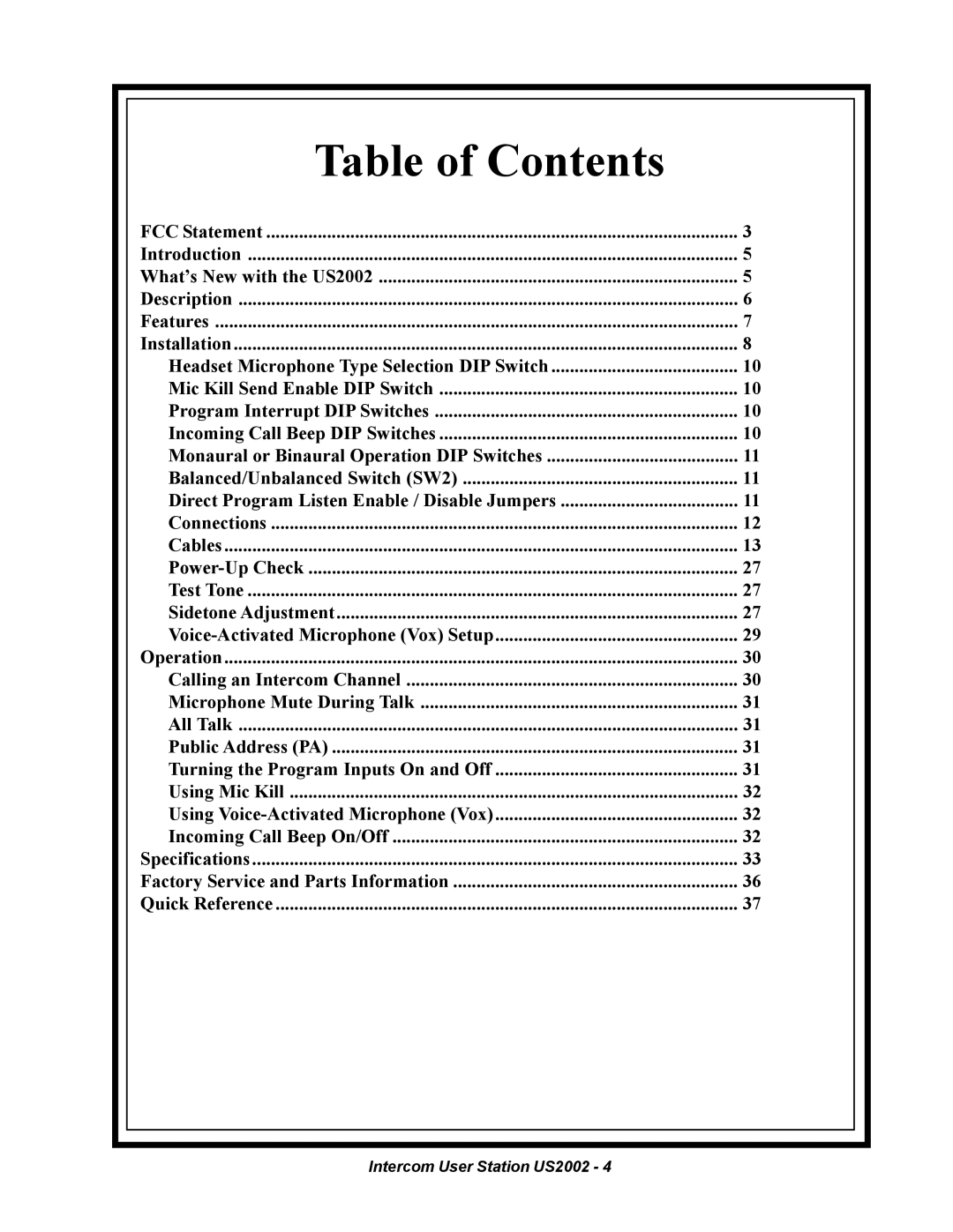 Telex US2002 manual Table of Contents 