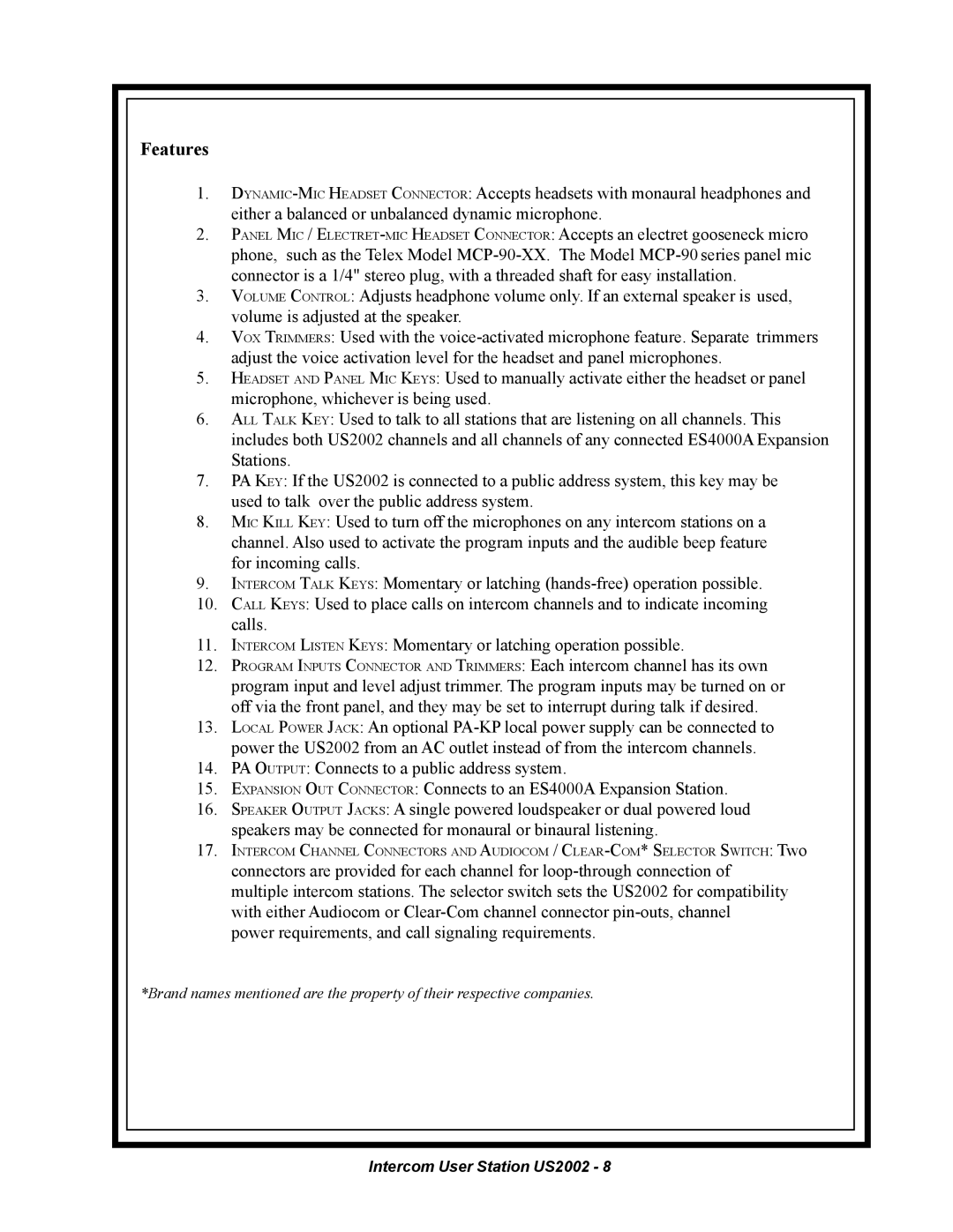 Telex US2002 manual Features 