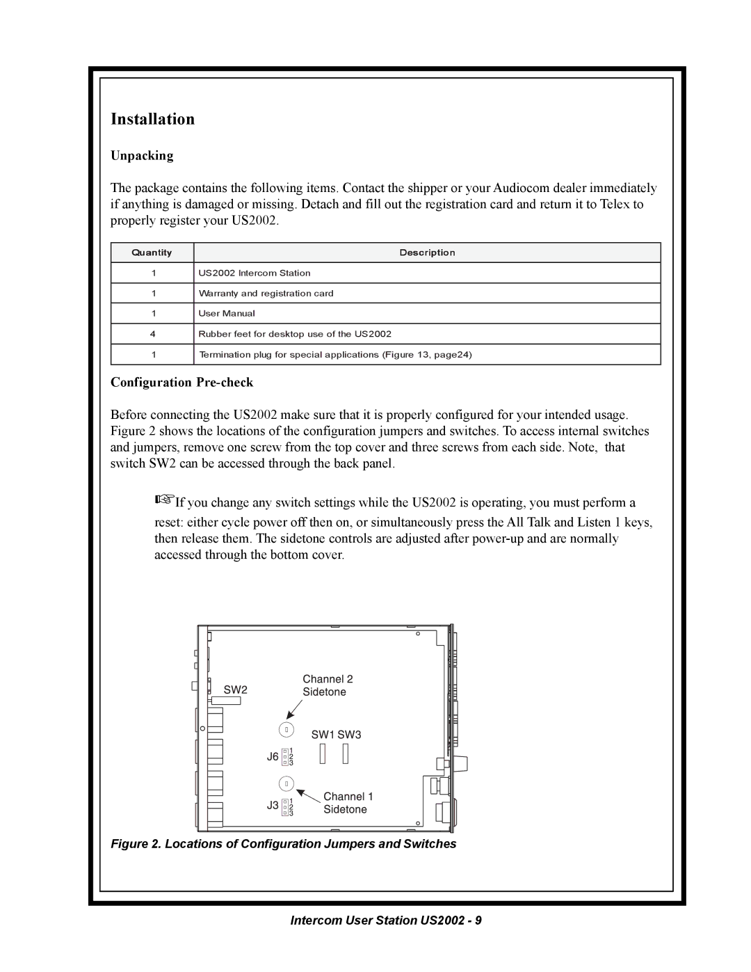 Telex US2002 manual Unpacking, Configuration Pre-check 