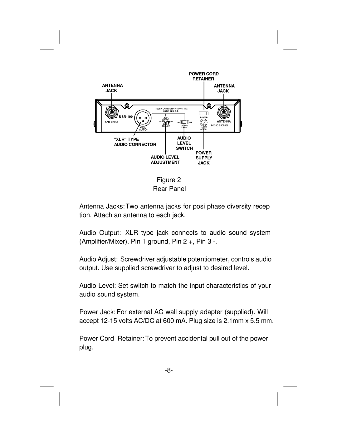 Telex USR-100 operating instructions Rear Panel 