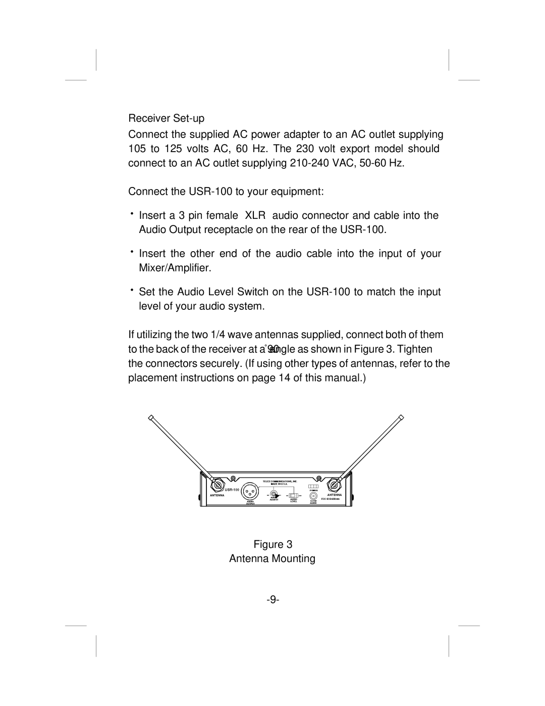 Telex USR-100 operating instructions Receiver Set-up, Antenna Mounting 