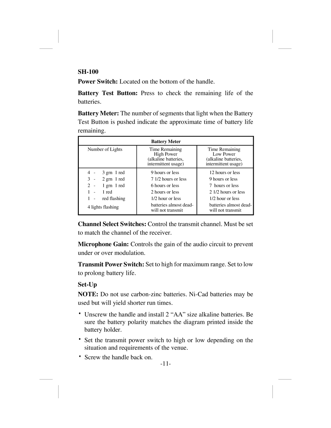 Telex USR-100 operating instructions Set-Up, Battery Meter 