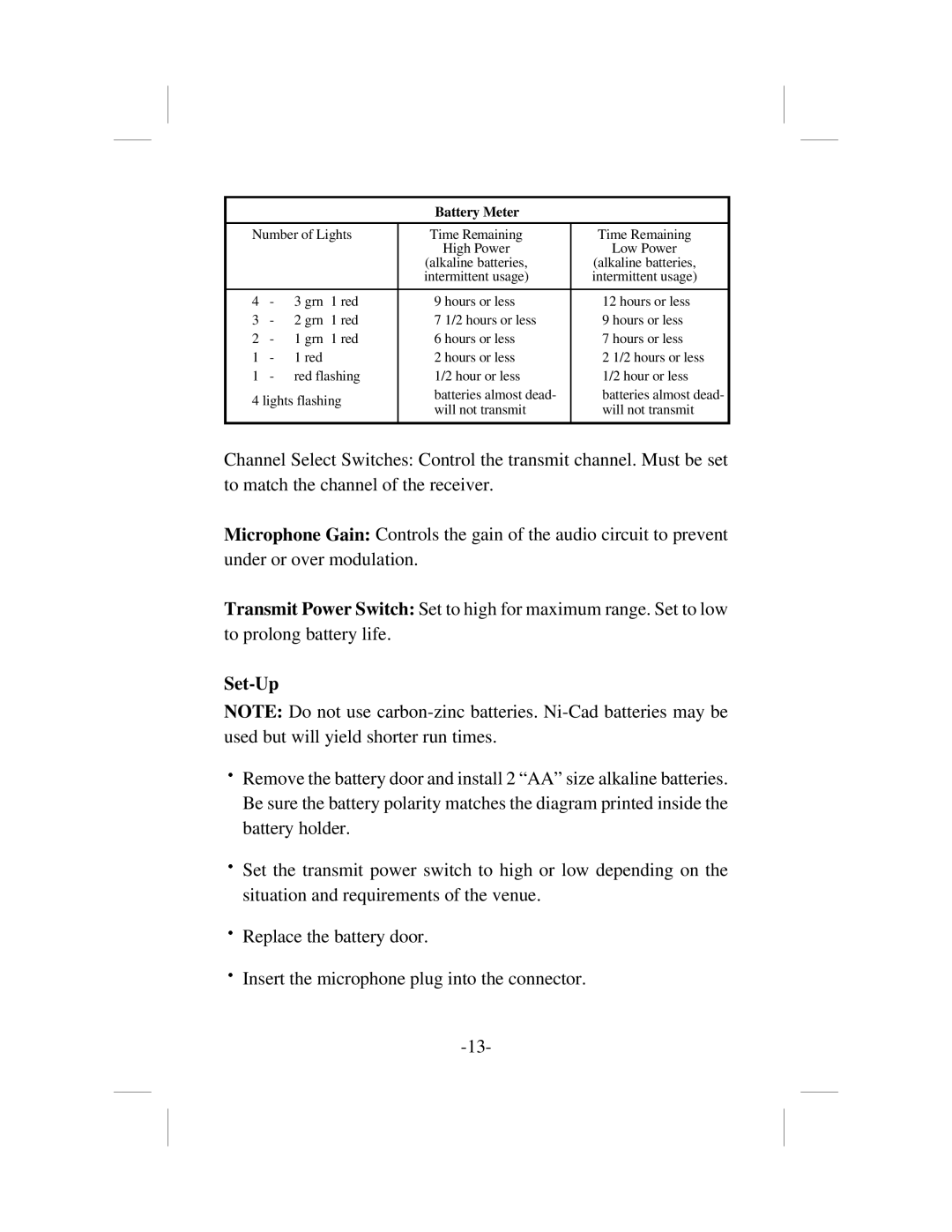 Telex USR-100 operating instructions Set-Up 