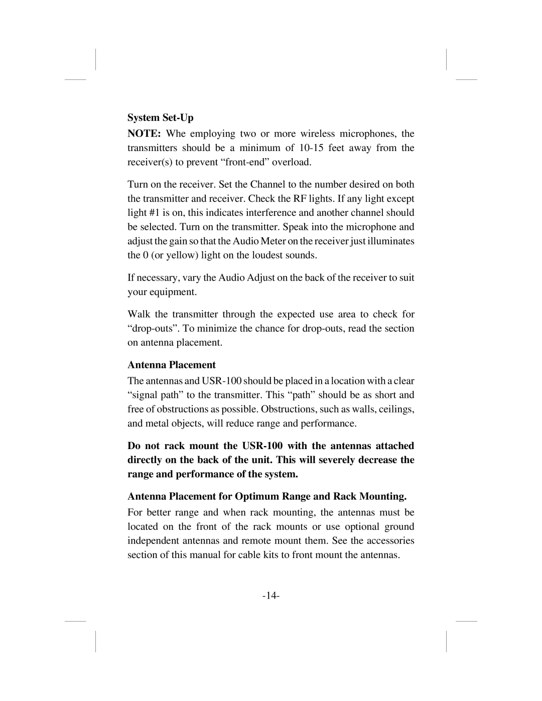 Telex USR-100 operating instructions System Set-Up, Antenna Placement 