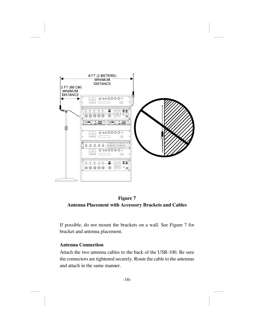 Telex USR-100 operating instructions Antenna Placement with Accessory Brackets and Cables, Antenna Connection 