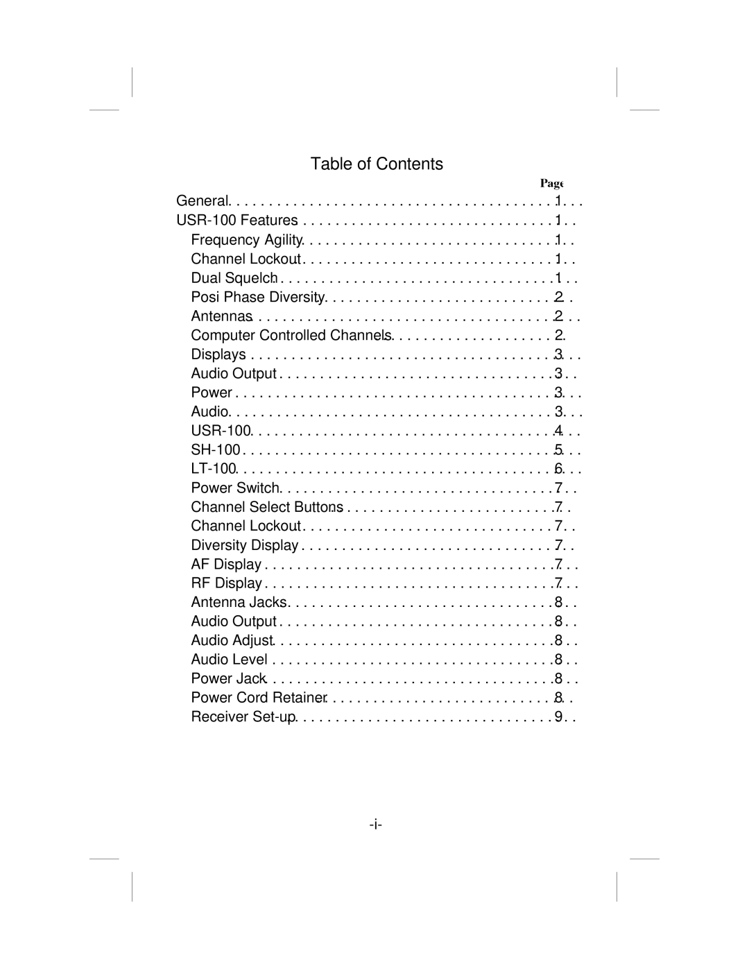 Telex USR-100 operating instructions Table of Contents 