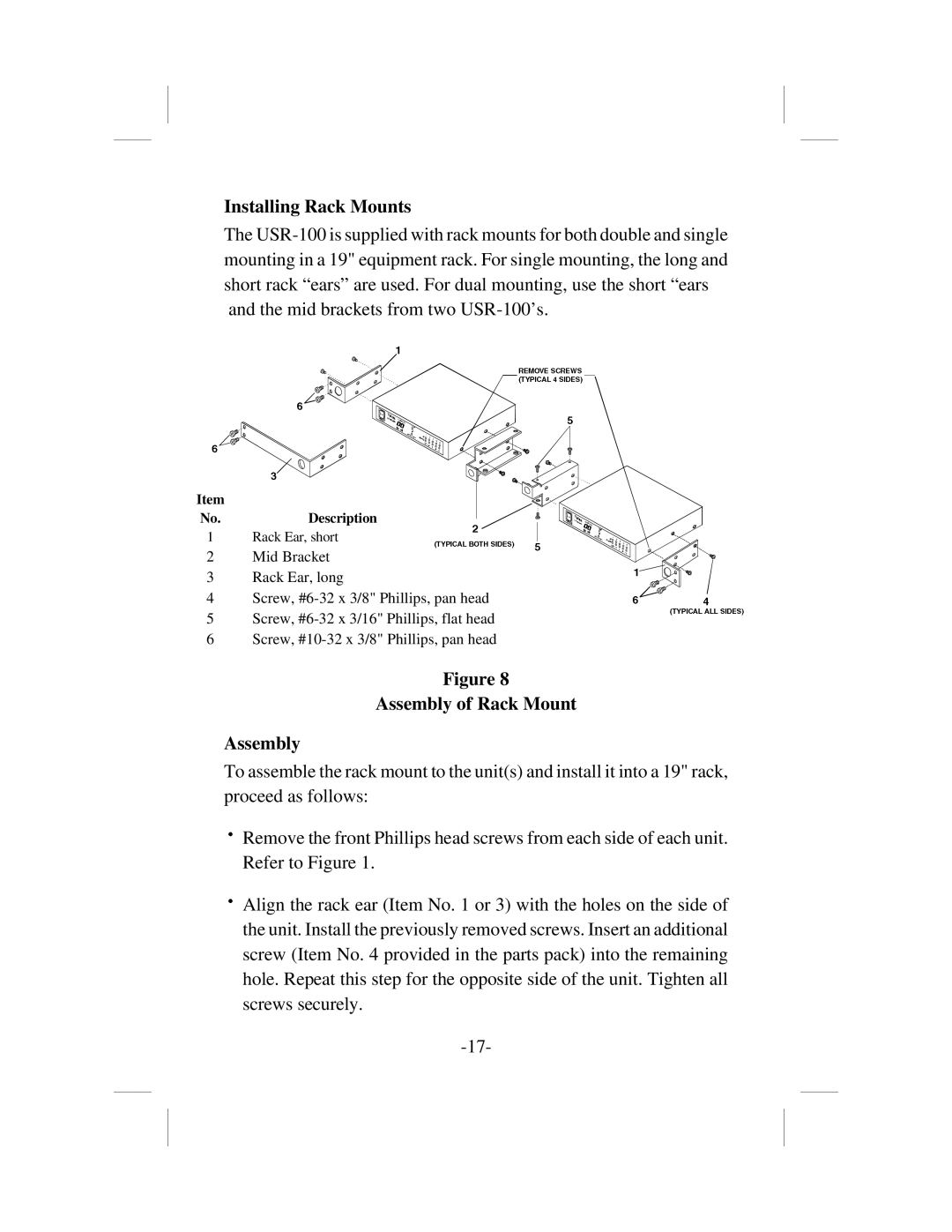 Telex USR-100 operating instructions Installing Rack Mounts, Assembly of Rack Mount 