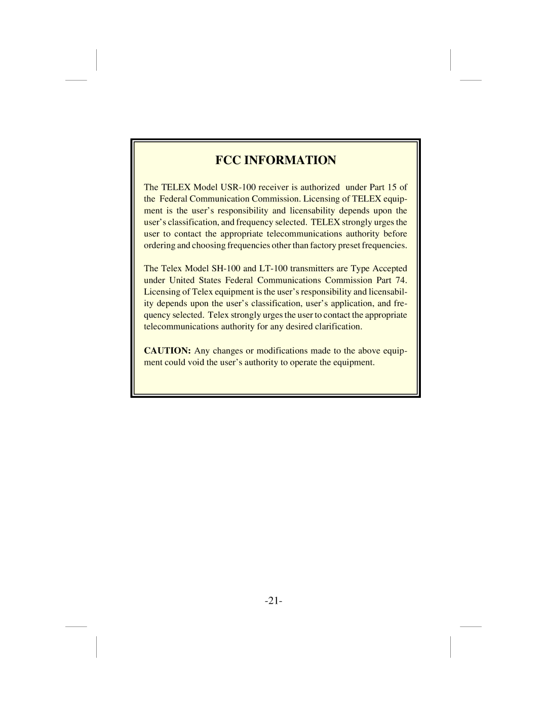 Telex USR-100 operating instructions FCC Information 